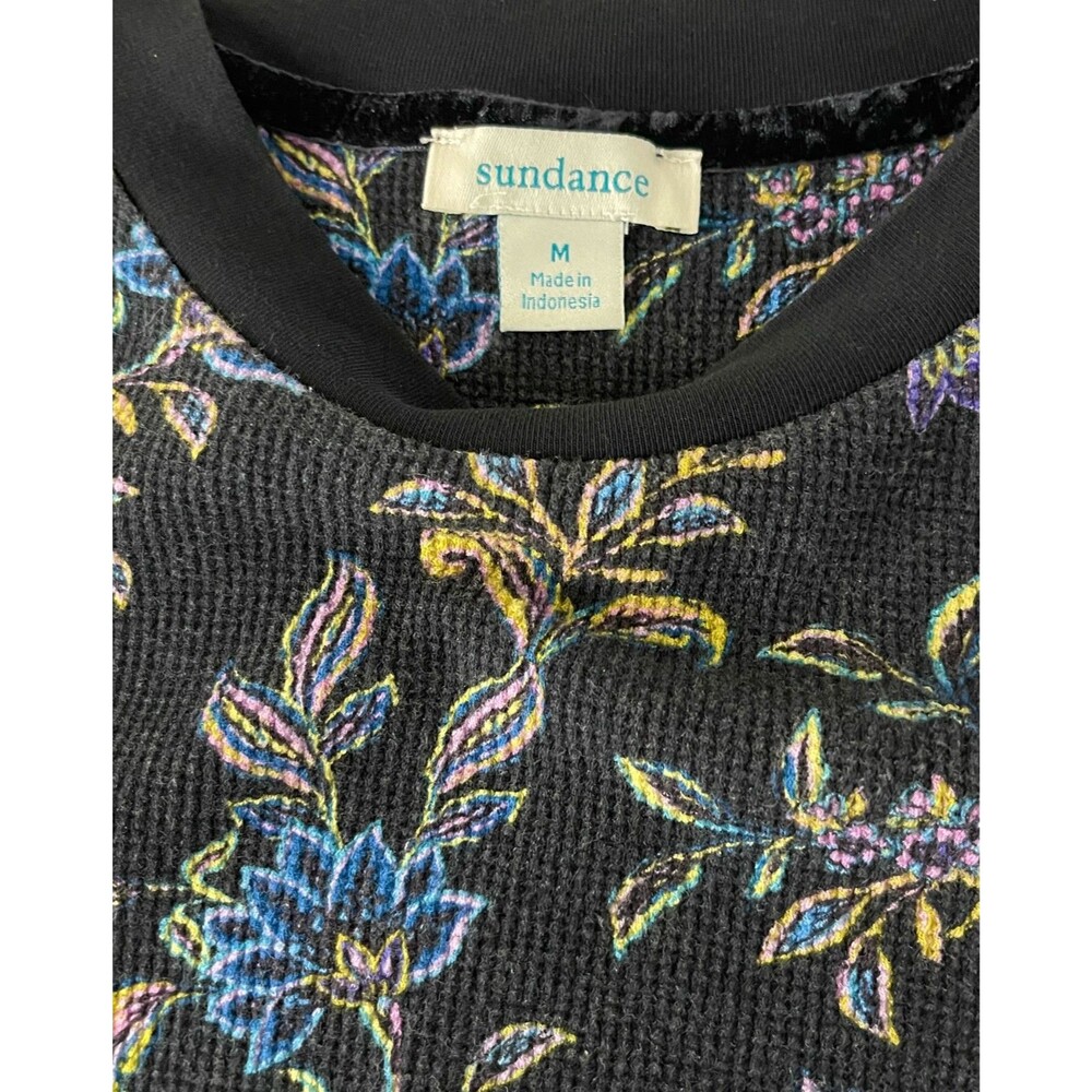 Sundance Loretta Thermal Waffle Knit Tee Long Sleeve Black Wildflower Floral M - Picture 12 of 14